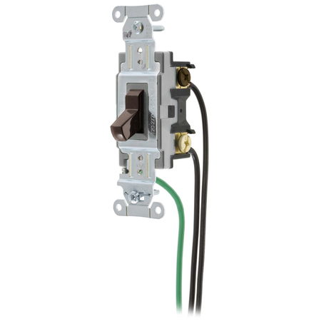 HUBBELL WIRING DEVICE-KELLEMS Spec Grade, Toggle Switches, General Purpose AC, Three Way, 15A 120/277V AC, Back and Side Wired, Pre-Wired with 8" #12 THHN, Brown CSL315